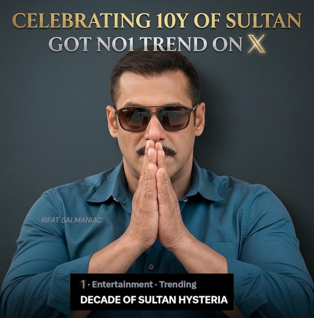 Being_Rifat's tweet photo. To mark the momentous 10-year anniversary, loyal fans erupted in celebration across social media, catapulting the hashtag "DECADE OF SULTAN HYSTERIA" straight to the No. 1 trending spot globally in the Entertainment category on X.
#SalmanKhan #10YearsOfSultan https://t.co/IL0pOBdhas
