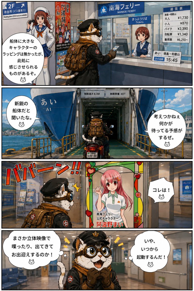 AI_BikeShop #路地猫の旅 #南海フェリー #Aiart #漫画 「Nankai Ferry