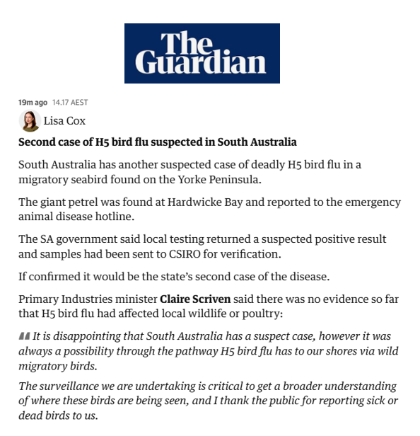 BigBadDenis's tweet photo. Australia: "Second case of H5 bird flu suspected in South Australia"

"South Australia has another suspected case of deadly H5 bird flu in a migratory seabird found on the Yorke Peninsula."

Source: https://t.co/uaZp7PwtNG https://t.co/beq2UPkF2w