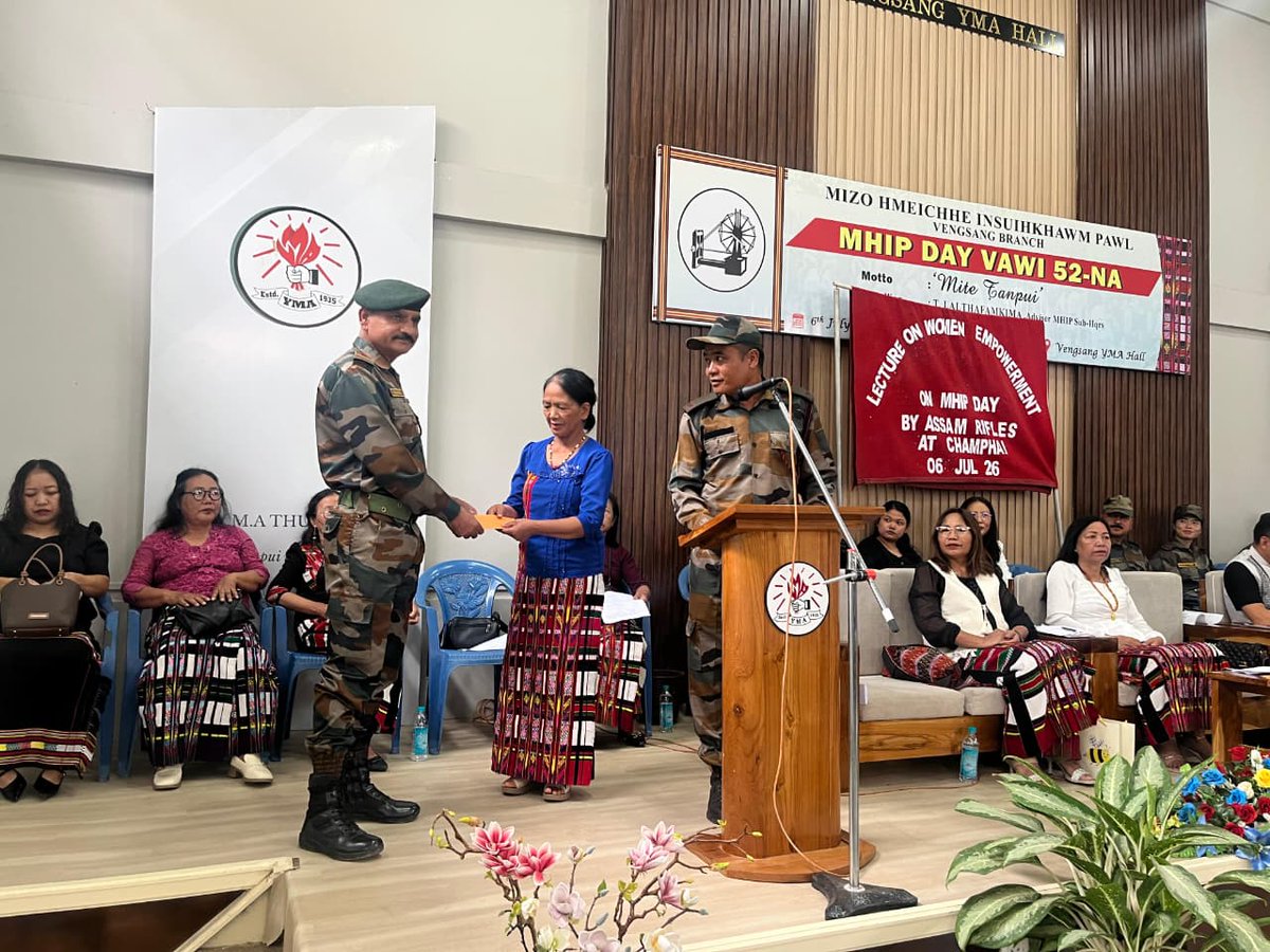 official_dgar's tweet photo. ASSAM RIFLES CELEBRATES 52ND MHIP DAY WITH WOMEN EMPOWERMENT LECTURE IN MIZORAM
#AssamRifles in collaboration with MHIP Champhai celebrated the 52nd Mizo Hmeichhe Insuihkhawm Pawl (MHIP) Day to commemorate the day at Vensang, Champhai District, Mizoram on 06 July 2026. During the programme, Assam Rifles presented a lecture on Women Empowerment for the MHIP Group.  The event was organised under the motto "Helping Others" to spread awareness on women empowerment, gender equality, leadership, education and self-reliance, while encouraging women  to take part in community development and nation-building activities. Various local cultural programmes were also organised and participants appreciated Assam Rifles' initiative to strengthen the role of women in society.

#friendsofthenortheast #sentinelsofnortheast #OperationalReadiness #CommunityFirst #NationFirst #ServiceBeforeSelf #GuardiansOfTheNation

@HMOIndia @adgpi @PIBHomeAffairs