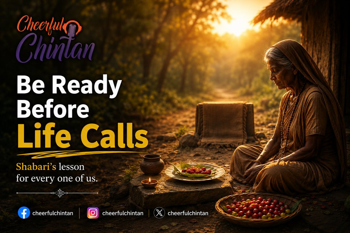 CheerfulChintan's tweet photo. Shabari never knew when Lord Ram would arrive.

Yet she prepared every single day.

Likewise don't spend your waiting period complaining. Spend it becoming the person your opportunity is looking for.

Preparation turns waiting into progress.

#CheerfulChintan😊 https://t.co/VxckuSzK4A