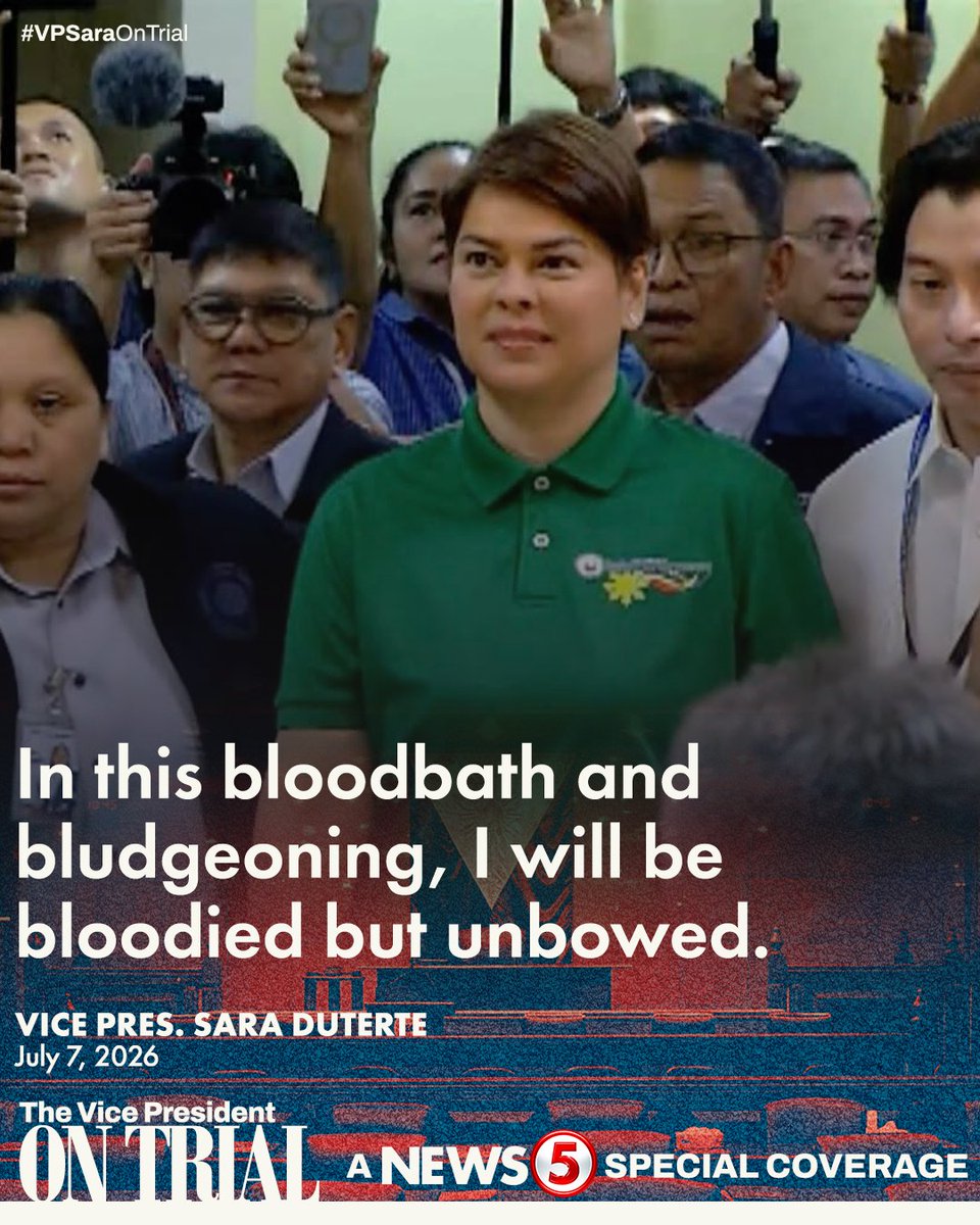 News5PH's tweet photo. 'I WILL BE BLOODIED BUT UNBOWED'

Nagbigay ng maikling mensahe si Vice Pres. Sara Duterte sa pagdating niya sa Senado ngayong Martes, July 7.

Mula ito sa sikat na tulang "Invictus" ni William Ernest Henley.

Nasa Senado ang Bise para sa meeting kasama ang defense team pero hindi siya dadalo sa kanyang impeachment trial.

WATCH: #VPSaraOnTrial https://t.co/fR01mmSyo8