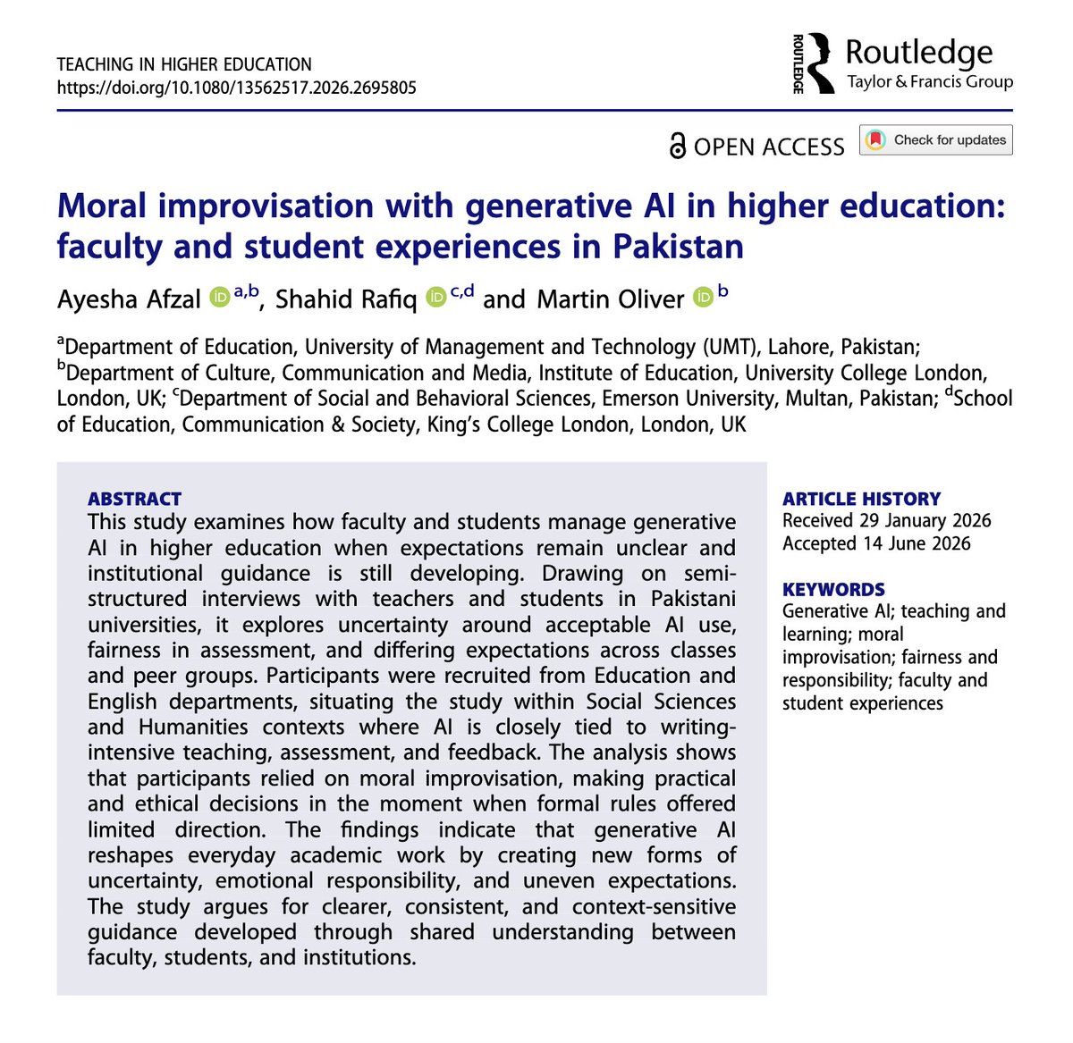TeachinginHE's tweet photo. New publication alert! 🚨 

Moral improvisation with generative AI in higher education: faculty and student experiences in Pakistan 

By Ayesha Afzal, Shahid Rafiq and Martin Oliver

https://t.co/7cL1Ejx7Wy

#HigherEducation #GenAI https://t.co/Py19y9uhi1