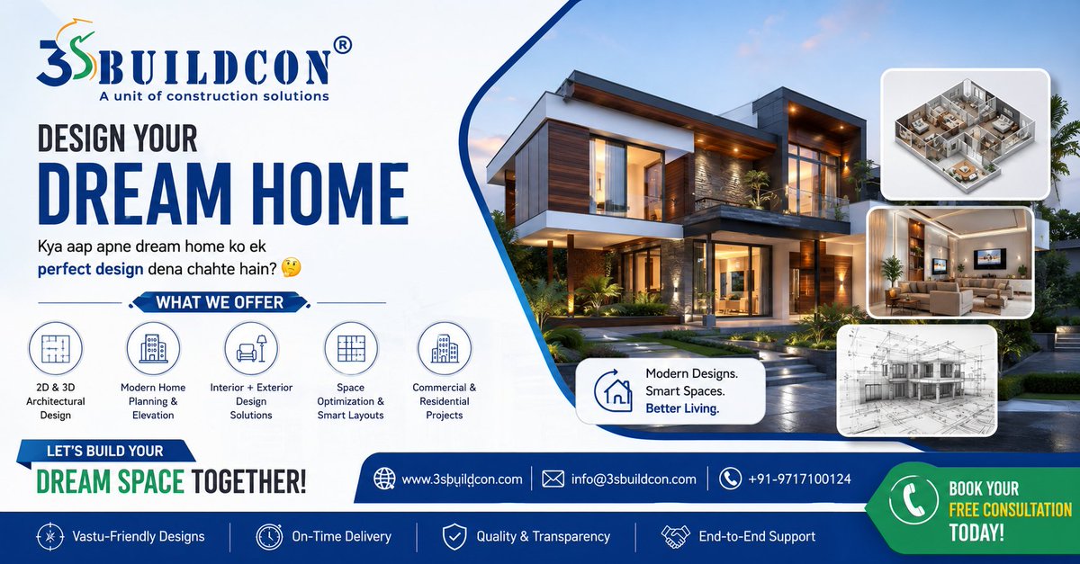 3sbuildcon's tweet photo. 🏡 Design Your #DreamHome with Experts!
Kya aap apne dream home ko ek perfect design dena chahte hain? 🤔
 #3SBuildcon brings modern, smart &amp; vastu-friendly solutions!
🚀 Start your dream project today!
🌐 https://t.co/tQPMrI7lMY
📞 +91-9717100124
#3SBuildcon #ExplorePage https://t.co/1F2652pvg4