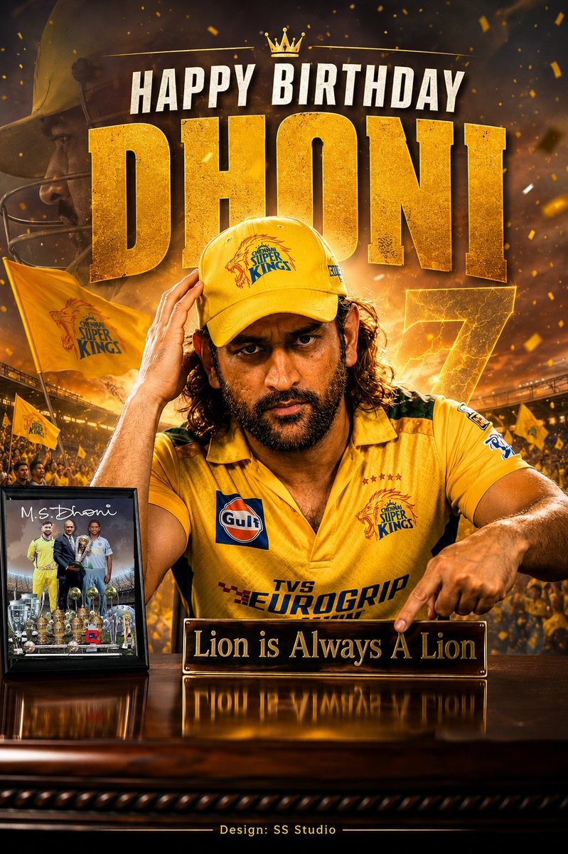 HussainVJFan's tweet photo. Here is the @msdhoni birthday SPL Poster 🎇
Design by #SSStudio 🤩
MS Dhoni is not just a cricketer...
he is composure in motion - calm, precision, and leadership forged into one 💥
Not born a legend...
but made into one 😎
A Pride Lion 🦁
#HappyBirthdayDhoni #HBDDhoni https://t.co/gr4HLof1QC