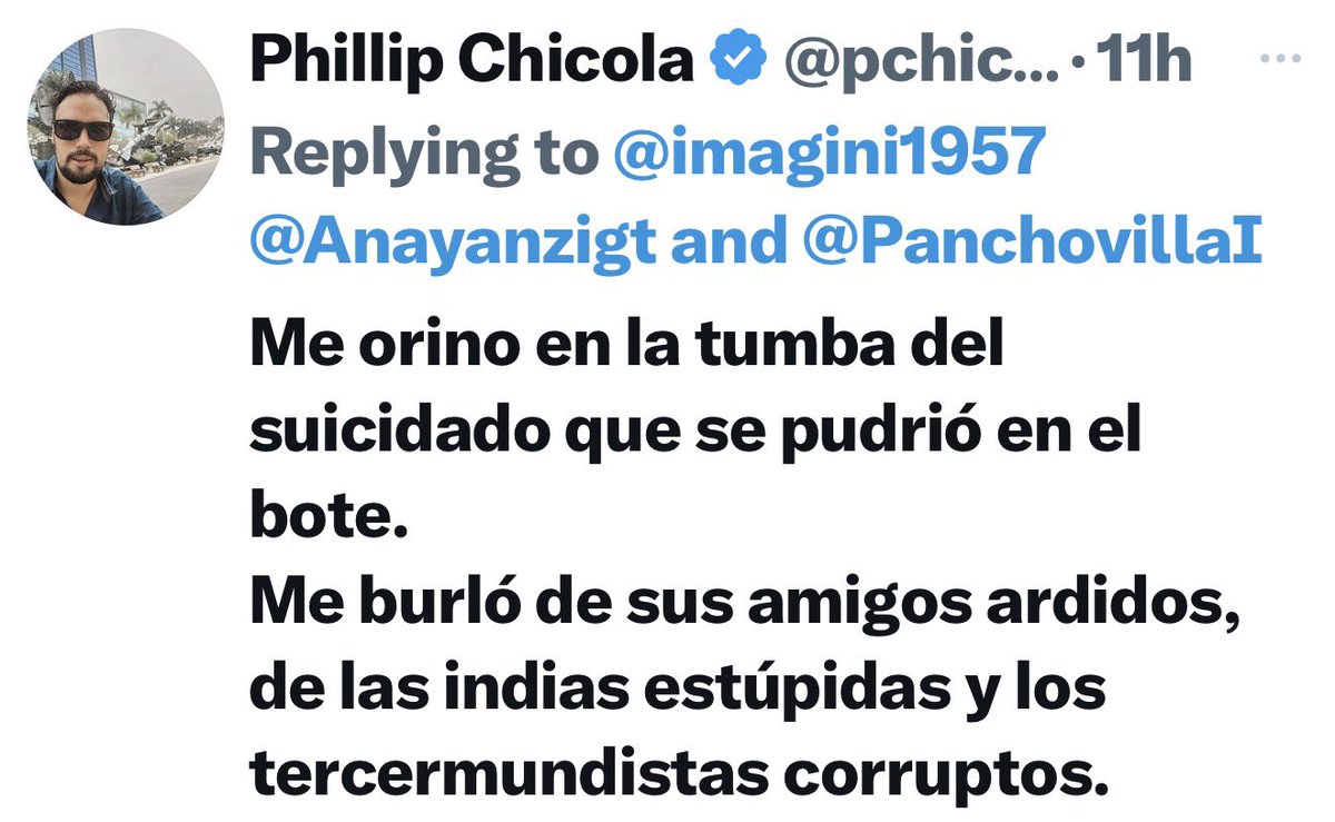 Anayanzigt's tweet photo. Está basura es Phillip chicola, no solo se alegra d q algunas personas,q luego fueron declaradas inocentes, se suicidaran,el asqueroso habla d orinar en sus tumbas,además el racista, utiliza el término indio d forma peyorativa,y admite q es un bot d su net center quien responde https://t.co/dguzrczw31