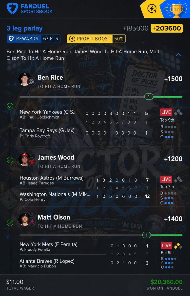 DoctorOfPicks's tweet photo. 💰 Another one cashed! Big odds, bigger results. We don't guess—we diagnose winning picks. 🩺🔥 Who's riding with the Doctor today? 🚀📈

#DoctorOfPicks #SportsBetting #BettingTwitter #MLB #HomeRunProps #Parlay #WinningPicks #SportsPicks #GamblingX #SportsBettor #BetSmart https://t.co/8hmaQyI1ER