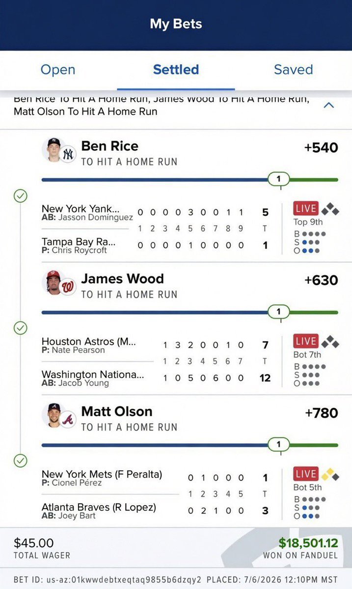 NaderMabroek's tweet photo. $45 ➡️ $18,501.12 💰

    Three swings. Three bombs. CASHED. ✅

✅ Ben Rice
✅ James Wood
✅ Matt Olson

    Who’s riding the next one? 👀

Need a win? ➡️ Click the Link for more  Secured winning picks  in my Comment

#MLB #fanduel #GamblingX @Playbook https://t.co/FxeuPesX1Z