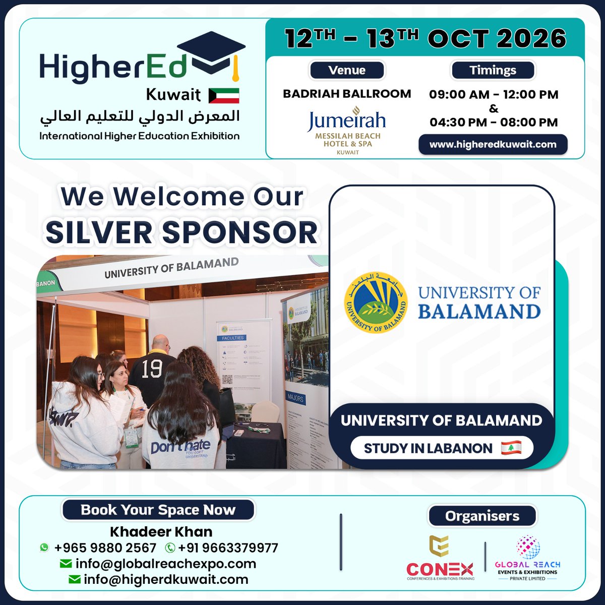 HigherEdkuwait's tweet photo. π Proud to welcome the University of Balamand π±π§ as a Silver Sponsor of HigherEd Kuwait Autumn 2026!
π
12β13 Oct 2026
π Jumeirah Messilah Beach Hotel & Spa, Kuwait
π© info@higheredkuwait.com
#HigherEdKuwait #UniversityOfBalamand #StudyInLebanon #StudyAbroad #Kuwait https://t.co/wgpeKja1bl