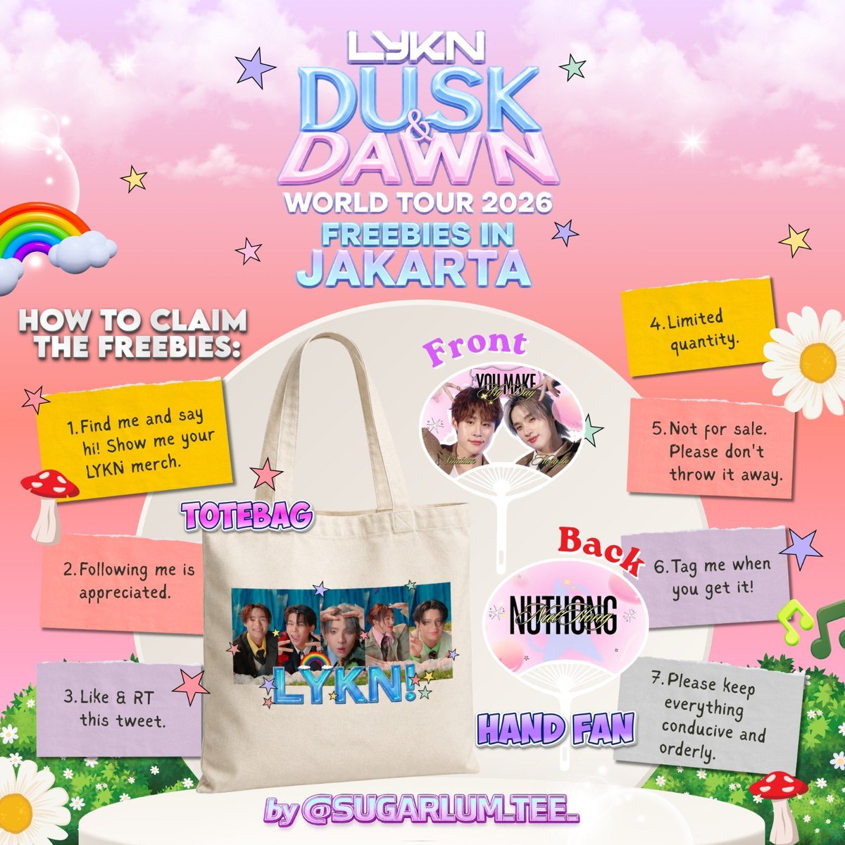 sugarlum_tee_'s tweet photo. ☆ Freebies for LYKN DUSK &amp; DAWN IN JAKARTA ☆ TOTEBAG AND HANDFAN
By Divi★ @sugarplum_tee_ ★

🤍 Check more details on pict 🤍

↳ Kasablanka Hall
↳ 11 July 2026
↳ Exact time : tba

#LYKNDuskAndDawnWorldTour2026 #LYKNDuskAndDawnxJakarta #LYKN freebieskonserlyknjakarta https://t.co/oEhG96MDdn
