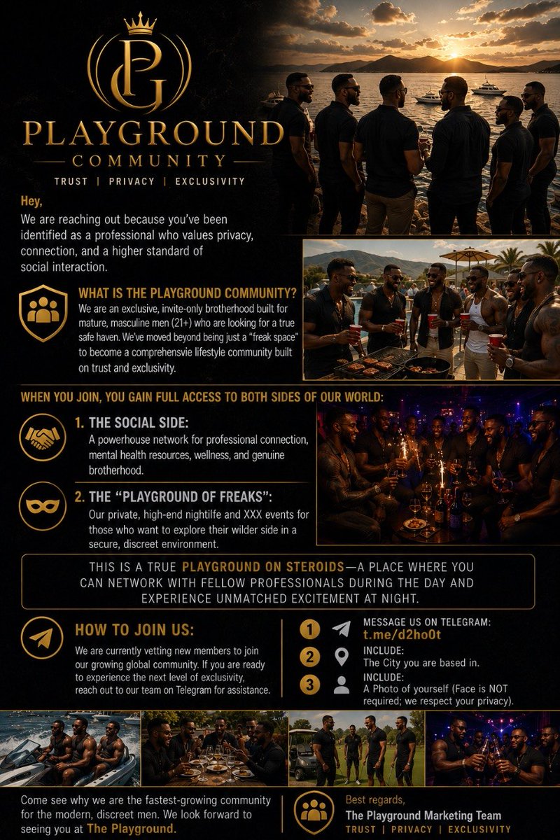 PlaygroundCmmty's tweet photo. Welcome to the evolution of  brotherhood. 🕶👨🏿‍🤝‍👨🏾✨ 

The Playground Community is more than a social club, it is an exclusive, invite-only sanctuary for the mature, professional men (21+). We are built on three unbreakable pillars: Trust, Privacy, and Exclusivity. 

Join us today! https://t.co/FRDV13ifn2