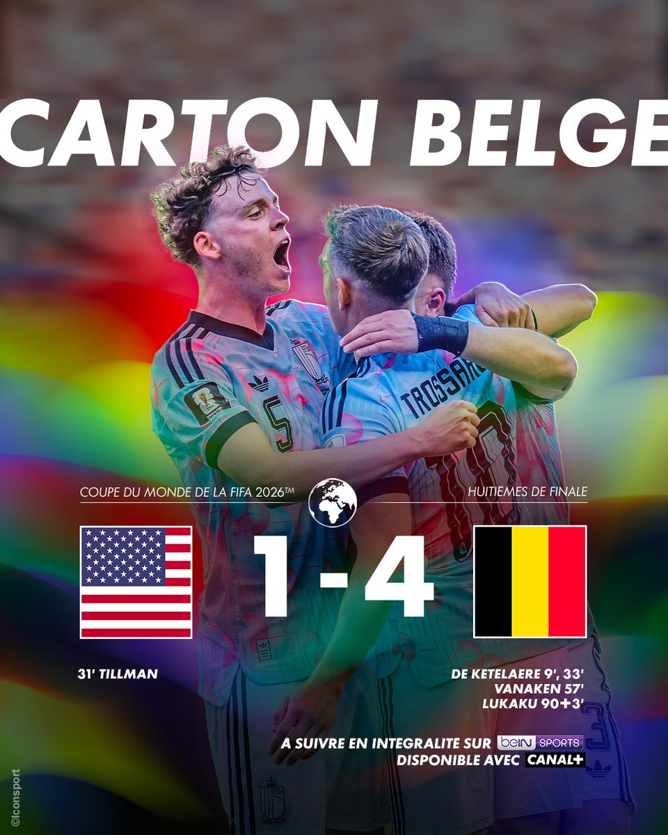 CanalplusFoot's tweet photo. La Belgique se fait vengeance ⚡️

Malgré la polémique Balogun, la Belgique n'a pas tremblé face aux USA au contraire, et a déroulé pour rejoindre l'Espagne en 1/4 de finale 💥 https://t.co/Hhv04GvLNw