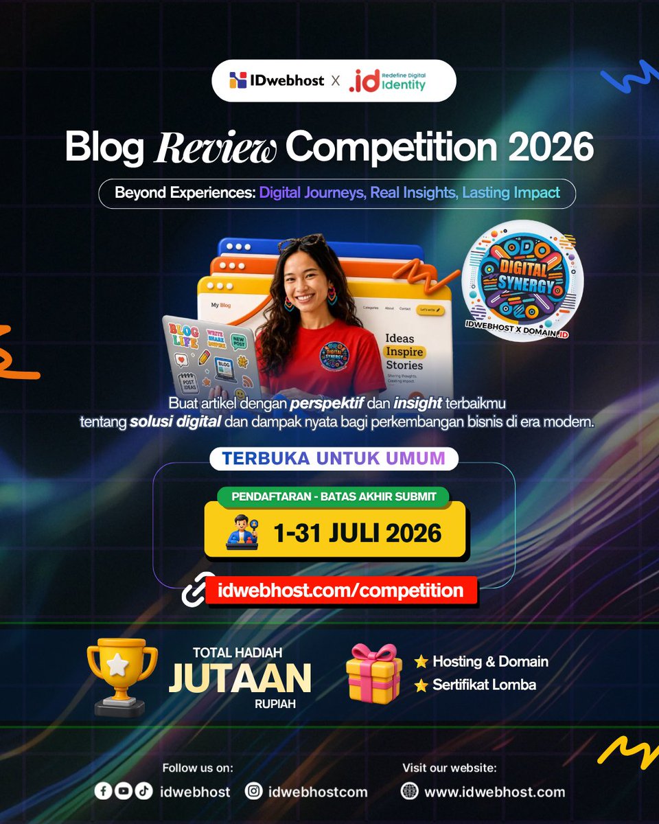 idwebhost's tweet photo. Mau dapet Hosting + Domain Gratis dan Uang Jutaan Rupiah? 🤔

Bisa banget! 😎

Yuk ikut Blog Review Competition IDwebhost dan tunjukkan kreativitasmu lewat tulisan terbaik. 

📅 Periode Pendaftaran &amp; Pengumpulan Artikel
1–31 Juli 2026 https://t.co/A6zuqjcNbp