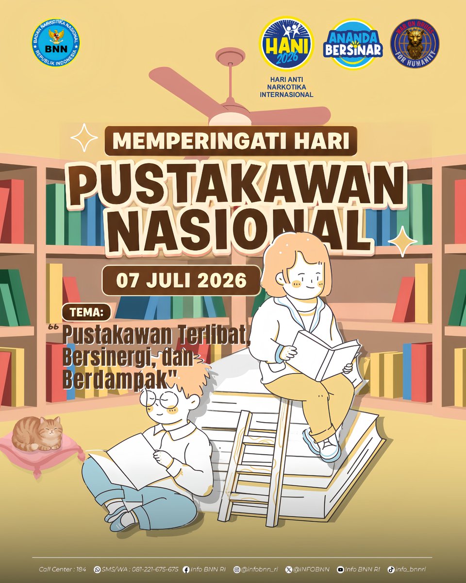 INFOBNN's tweet photo. Selamat Hari Pustakawan Nasional, 7 Juli 2026! 📚✨

​Mari kita rayakan peran penting para penjaga ilmu pengetahuan.

​#HariPustakawanNasional 
#Pustakawan #LiterasiIndonesia #PustakawanBerdampak
#AnandaBersinar
#WarOnDrugsForHumanity https://t.co/tQ7CxLvrSg