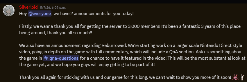 IsYet70739's tweet photo. I'd also like to share this announcement with you all. In it, the ReBurrowed team is inviting everyone to ask them anything you'd like. Please take a look at their Discord and show them all the support they deserve. https://t.co/eT5YCqAmJ0
