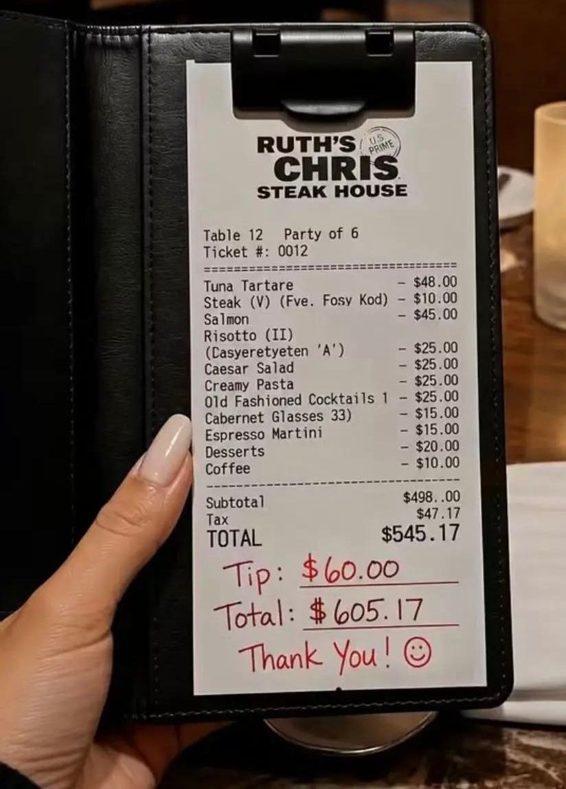 ClownWorld's tweet photo. A party of six spent about $545 on dinner and left a $60 tip. The story has sparked a huge debate online, with many people arguing the tip should have been much higher, while others believe $60 is already a generous amount.

What do you think? Was a $60 tip fair for a party of six with a $545 bill, or should they have left more?