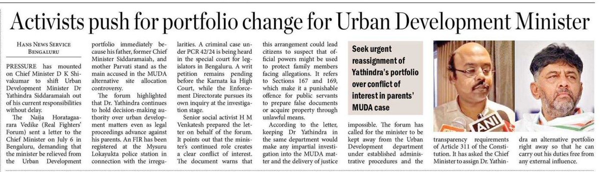 BasanagoudaBJP's tweet photo. The appointment of @Dr_Yathindra_S  as the Urban Development Minister while the @dir_ed  still investigating the high-profile MUDA case is a setback to the investigation. 

It presents a clear conflict of interest, as his father, mother, and close associates are among those involved in the case. Dr. Yathindra Siddaramaiah's father and former Chief Minister, Shri @siddaramaiah , has often spoken about probity in public life, honesty, and integrity. However, his decision to allow his son to assume charge of the Urban Development Ministry at a time when members of his family and close associates are named in the MUDA case raises questions about adherence to those principles and the perception of conflict of interest.

His appointment raises legitimate concerns about the integrity of the investigation, including the possibility of influence over evidence and witnesses through the powers of his office. 

In the interest of ensuring a fair and impartial investigation, the Chief Minister should immediately relieve Dr. Yathindra Siddaramaiah of the Urban Development portfolio until the investigation is concluded.

@TimesNow I @republic I @MirrorNow I @NewsArenaIndia I @ndtv I @PublicTVEnglish I @ZeeKannadaNews I @tv9kannada I @DeccanHerald I @CMofKarnataka