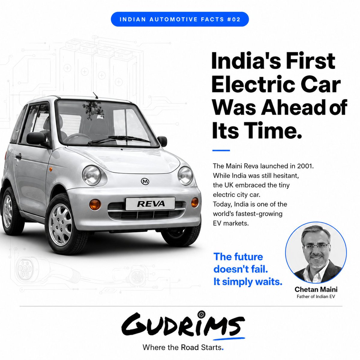 Gudrims's tweet photo. India's first electric car wasn't launched yesterday—it arrived in 2001.
The Maini Reva was ahead of its time, finding more appreciation in the UK than in India.
Today, India is one of the fastest-growing EV markets. The future doesn't fail. It simply waits.

 #Gudrims #EV https://t.co/STbNRXRboY