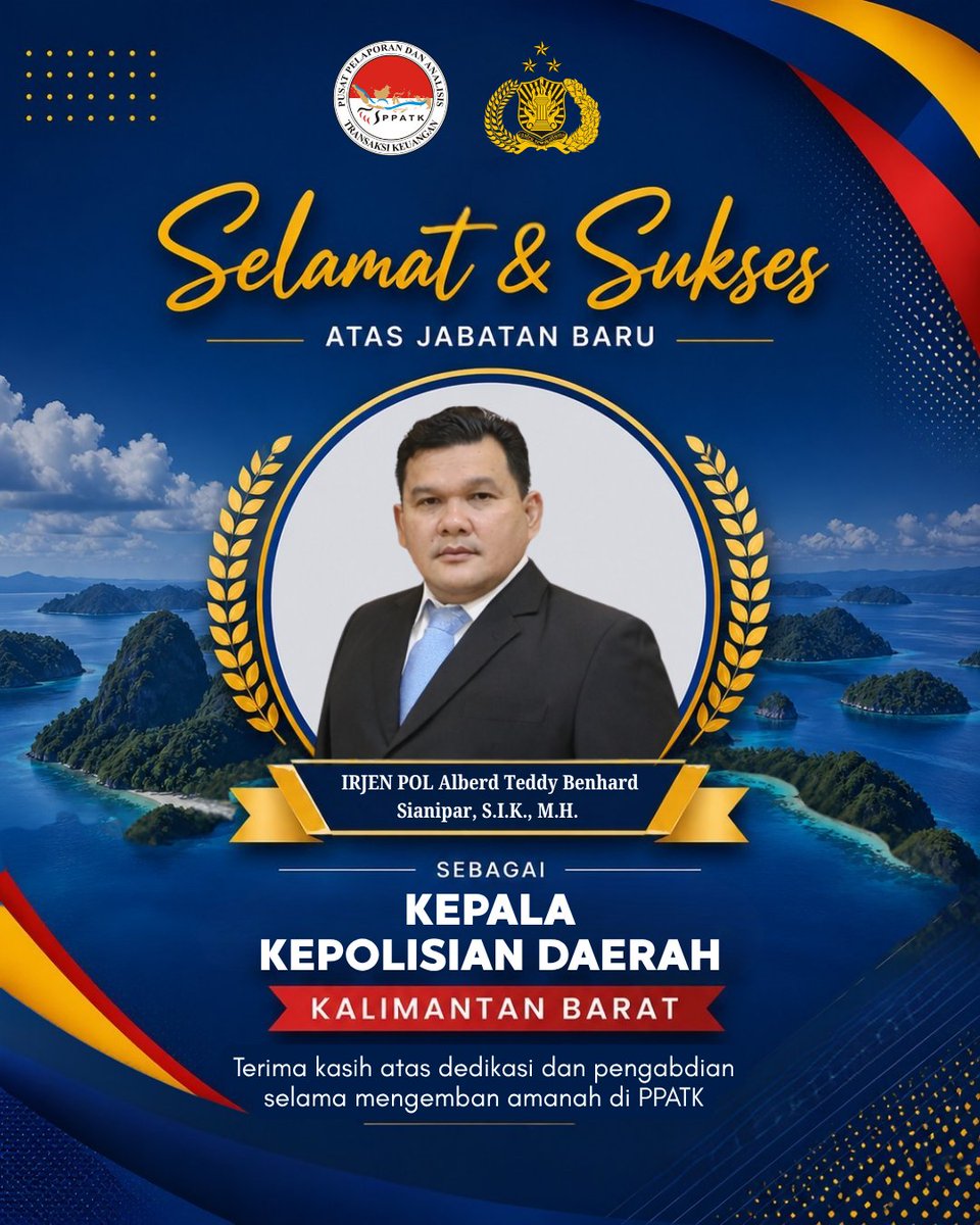 PPATK's tweet photo. Terima kasih atas kepemimpinan yang tegas dan visioner dalam menjalankan prinsip-prinsip APU PPT.

Selamat melanjutkan perjalanan karier di tempat baru, Bapak Inspektur Jenderal Alberd Teddy Berhard Sianipar. 

Sukses selalu! https://t.co/DDf5lJMFn5