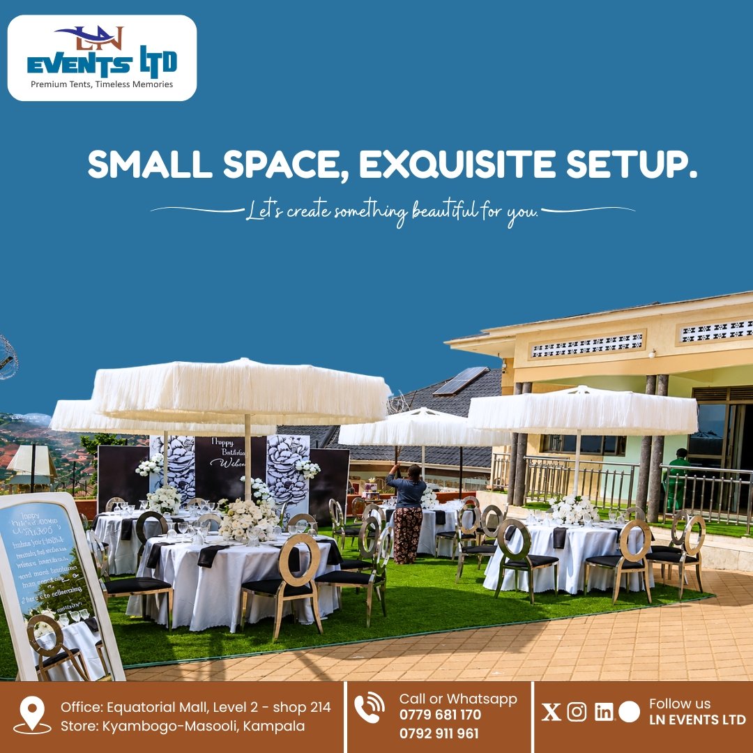 LNEVENTS_UG's tweet photo. No space is too small to make a big impression. 🤩

At #LNEventsUg  , we create beautiful setups that fit your space perfectly, whether it's a cozy gathering or an intimate celebration. We have the right setup for every occasion.
#PremiumTents #TentsForHire #ParasolForHire https://t.co/EwZ0xvW8r4