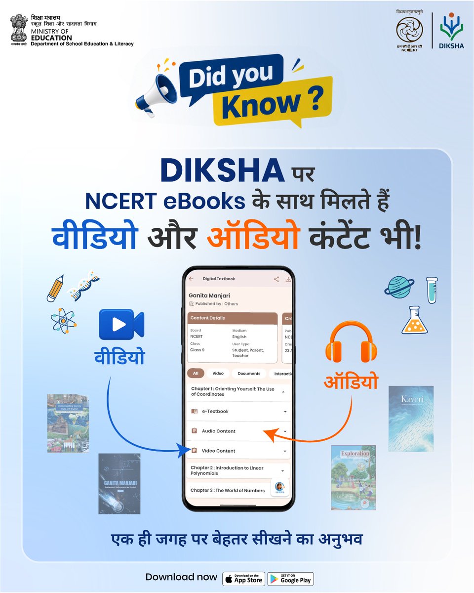 DIKSHA_NCERT's tweet photo. 𝐃𝐈𝐊𝐒𝐇𝐀 के साथ 𝐍𝐂𝐄𝐑𝐓 की किताबों को समझना हुआ और भी आसान!
DIKSHA Portal: https://t.co/JPewNRWgD3
Download करें App Store और Google Play पर
Android: https://t.co/YkjNLdiBMT
iOS: https://t.co/2diNW5skM3
#DIKSHA #NCERT #DigitalLearning #ncertbooks #elearningplatform https://t.co/k01HhMEyVi