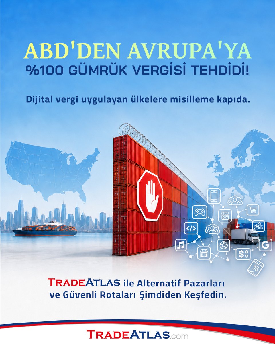 TradeAtlasTR's tweet photo. ABD'den Avrupa'ya (İngiltere, Fransa, İtalya, İspanya) %100 ek gümrük vergisi misillemesi! 🚨

Tedarik zincirleri kopma noktasındayken küresel ticaret risklerinizi TradeAtlas ile yönetin, pazarınızı güvenceye alın! 
#DışTicaret #GümrükVergisi #İhracat #VeriAnalizi https://t.co/825RKDUiEq