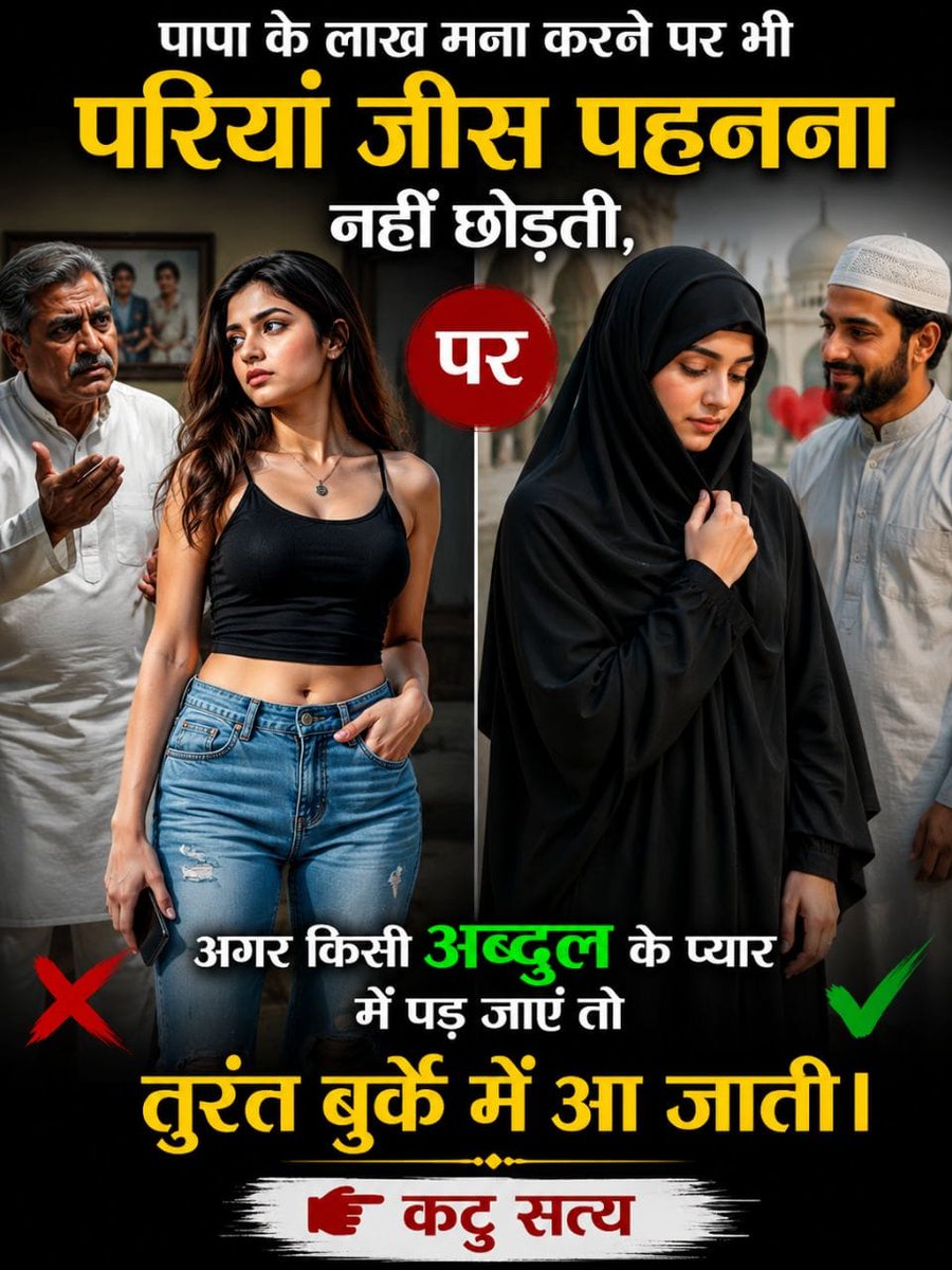 AjeetPataudi72's tweet photo. पापा के लाख मना करने पर भी परियां जींस पहनना नहीं छोड़ती,
पर अगर किसी अब्दुल के प्यार में पड़ जाएं तो तुरंत बुर्के में आ जाती।

👉 कटु सत्य https://t.co/2diqq92QYT