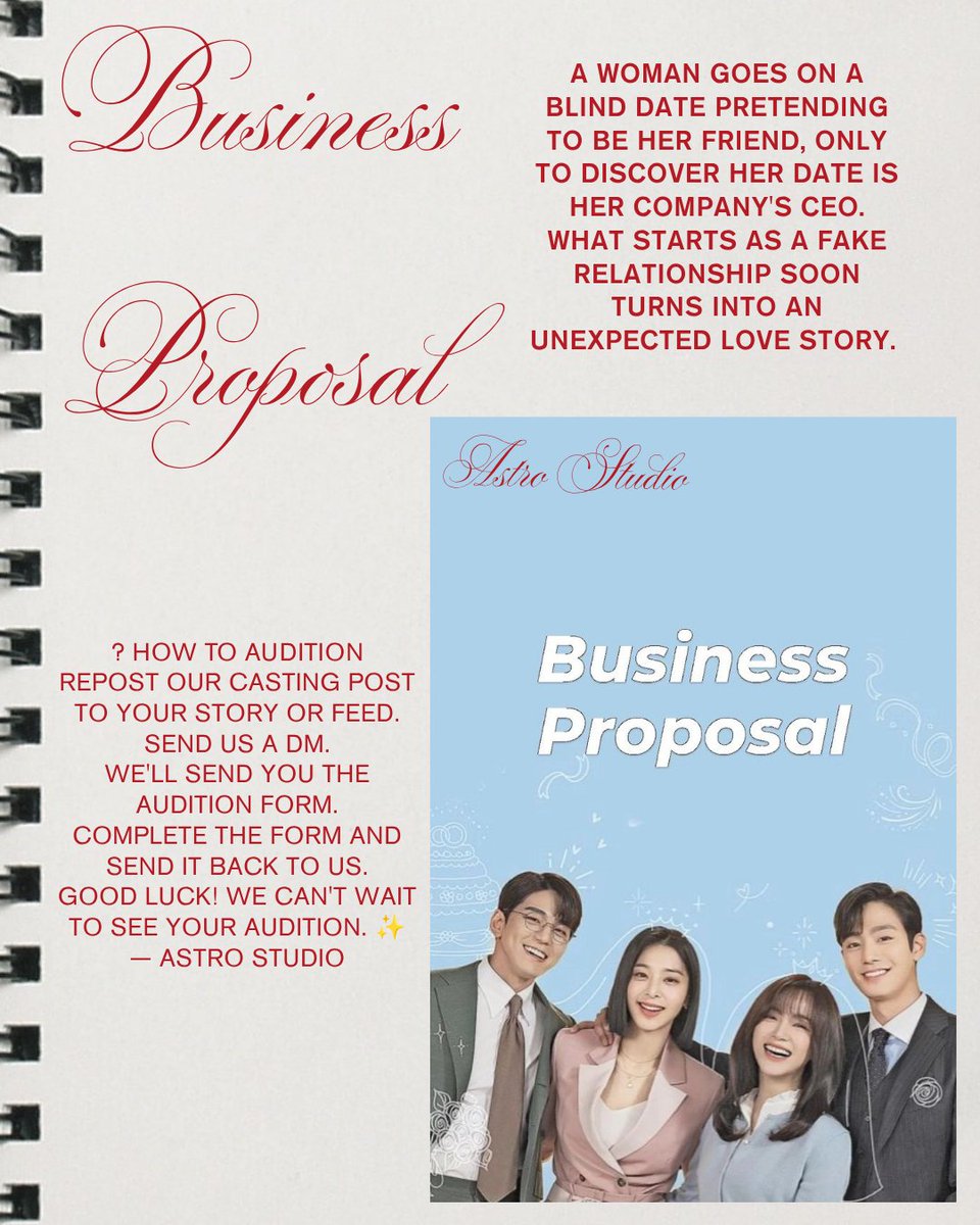 AstroStudioo's tweet photo. 💼 PROJECT #002 — BUSINESS PROPOSAL
A fake blind date. A hidden identity. A contract that changes everything.
CASTING STATUS 
Shin Ha-ri — TAKEN 
Kang Tae-moo — OPEN
Cha Sung-hoon — OPEN
Jin Young-seo — OPEN
Auditions are now open.
#BusinessProposal #KRP #AstroStudio https://t.co/r5aF9JeMUe