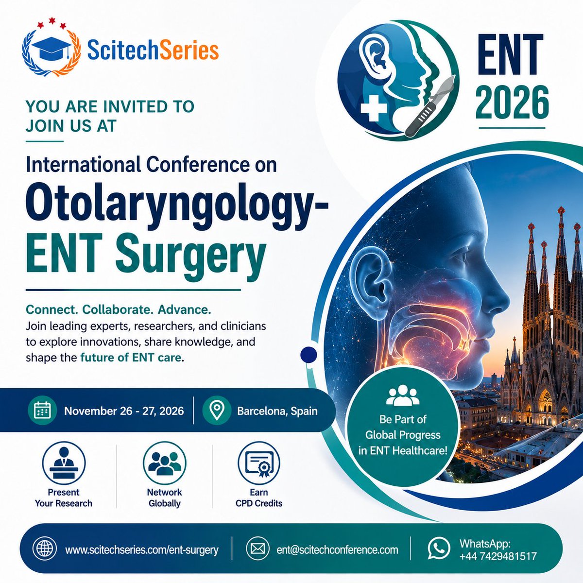jackthomas7674's tweet photo. 🩺 Join the International Conference on Otolaryngology–ENT Surgery | November 26–27, 2026
| Barcelona, Spain
🌐 https://t.co/jXl85Z9ObT
#ENT2026 #Otolaryngology #ENTSurgery #MedicalConference #ENTSpecialists #HeadAndNeckSurgery #ClinicalResearch #CPD #Barcelona @ScitechSeries https://t.co/fYlZTuWiXj