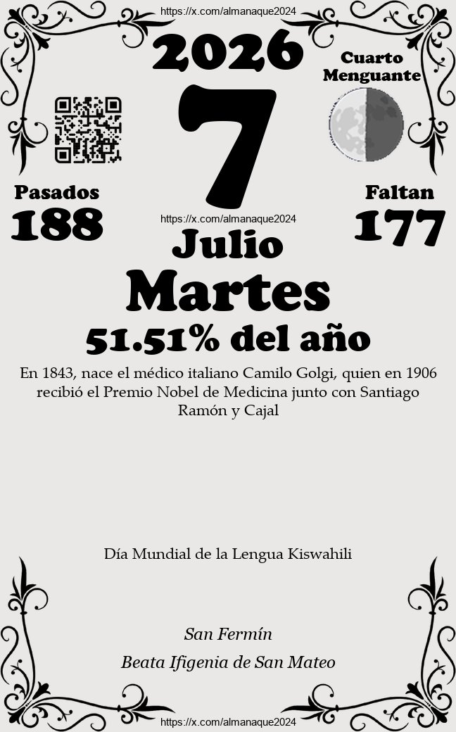 almanaque2024's tweet photo. #BuenosDias #FelizMartes #MuyFelizMartes
¡A por el Martes!
Almanaque del Martes 07 de Julio, 2026
🔁¡Comparte y comenta!🔁
#Martes07 #Martes #07deJulio #Efemérides https://t.co/eY1yCAOWNU