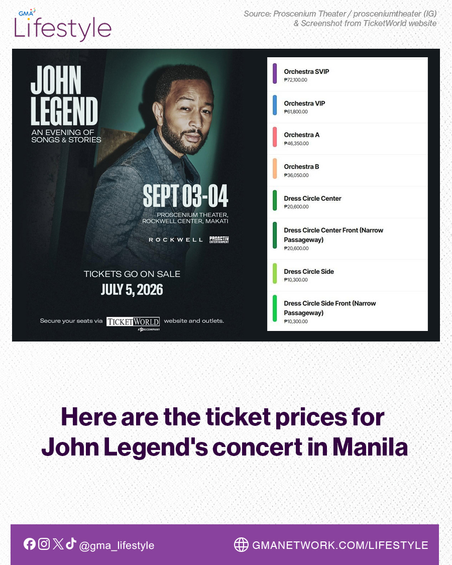gma_lifestyle's tweet photo. Award-winning singer-songwriter #JohnLegend is coming to Manila this September for a two-night show at the Proscenium Theater in Rockwell Center, Makati.

Here are the ticket prices for John Legend's concert in Manila: https://t.co/2sfKcVEX9x

#GMALifestyle https://t.co/RYh7qEARjG