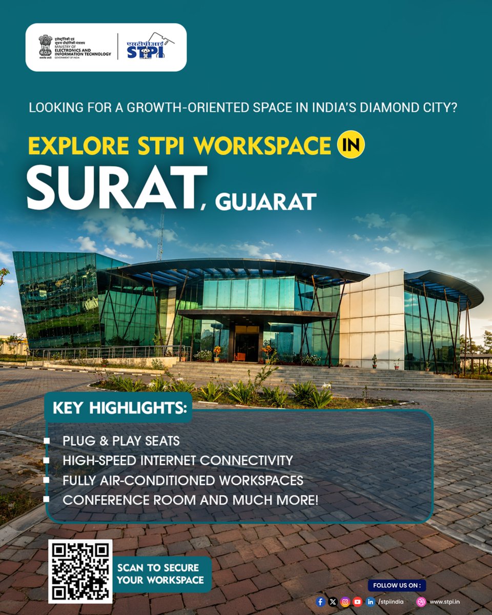 stpiindia's tweet photo. Looking for a workspace in one of India's fastest-growing business destinations?🚀

Set your business up for success at STPI Workspace in Surat, where modern infrastructure meets a professional environment designed for startups, entrepreneurs, and growing businesses.

What you'll get:
✔️ Plug & play seats
✔️ High-speed internet connectivity
✔️ Fully air-conditioned workspaces
✔️ Conference room facilities and much more!

Whether you're launching a new venture, expanding your operations, or establishing your presence in Gujarat, STPI Workspace in Surat provides the ideal space to collaborate, innovate, and grow. 🏢✨

Limited workspaces available in Surat!

➡️ Apply now: https://t.co/Lma8FwNd0l

#STPI #Surat #Gujarat #Workspaces #StartupIndia #OfficeSpace #Innovation #BusinessGrowth #ProfessionalSpaces #Entrepreneurship #StartupEcosystem

@GoI_MeitY @AshwiniVaishnaw @JitinPrasada @SecretaryMEITY @arvindtw @_DigitalIndia @NeGD_GoI @startupindia @myHQSpace @coworkerglobal @WeWorkIndia @ficci_india @FollowCII @ASSOCHAM4India @CMOGuj
@Bhupendrapbjp @InfoGujarat @MySuratMySMC @CommissionerSMC @collectorsurat