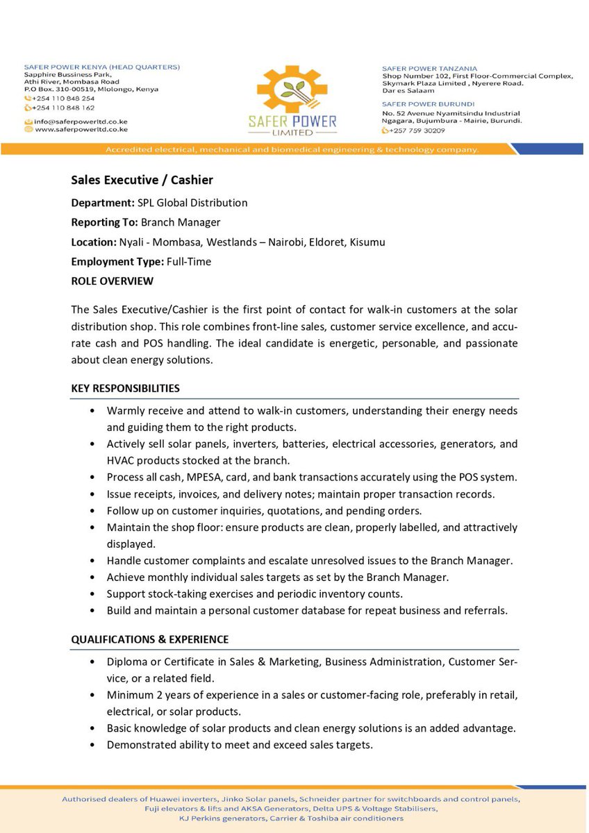 SaferPower_254's tweet photo. 📢 WE’RE HIRING | SPL GLOBAL DISTRIBUTION
📌 How to Apply
Interested candidates should send their CV and Cover Letter (clearly stating the position and location in the subject line) to:
📧 jobs@saferpowerltd.co.ke

🗓 Application Deadline: 14th July 2026 https://t.co/CK3o3vnYDl