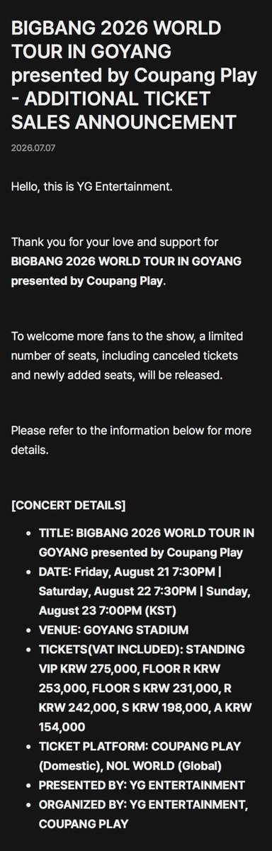 archivedbb's tweet photo. additional tickets have been announced for BIGBANG 2026 WORLD TOUR IN GOYANG!

a limited number of canceled tickets and newly added seats will be released for all three Goyang shows.

🎟️ presale: July 13
🎟️ general sale: July 14

membership presale is available to fans who previously joined the official BIGBANG V.I.P Membership and completed the survey !!!

https://t.co/1ngETSUpEt