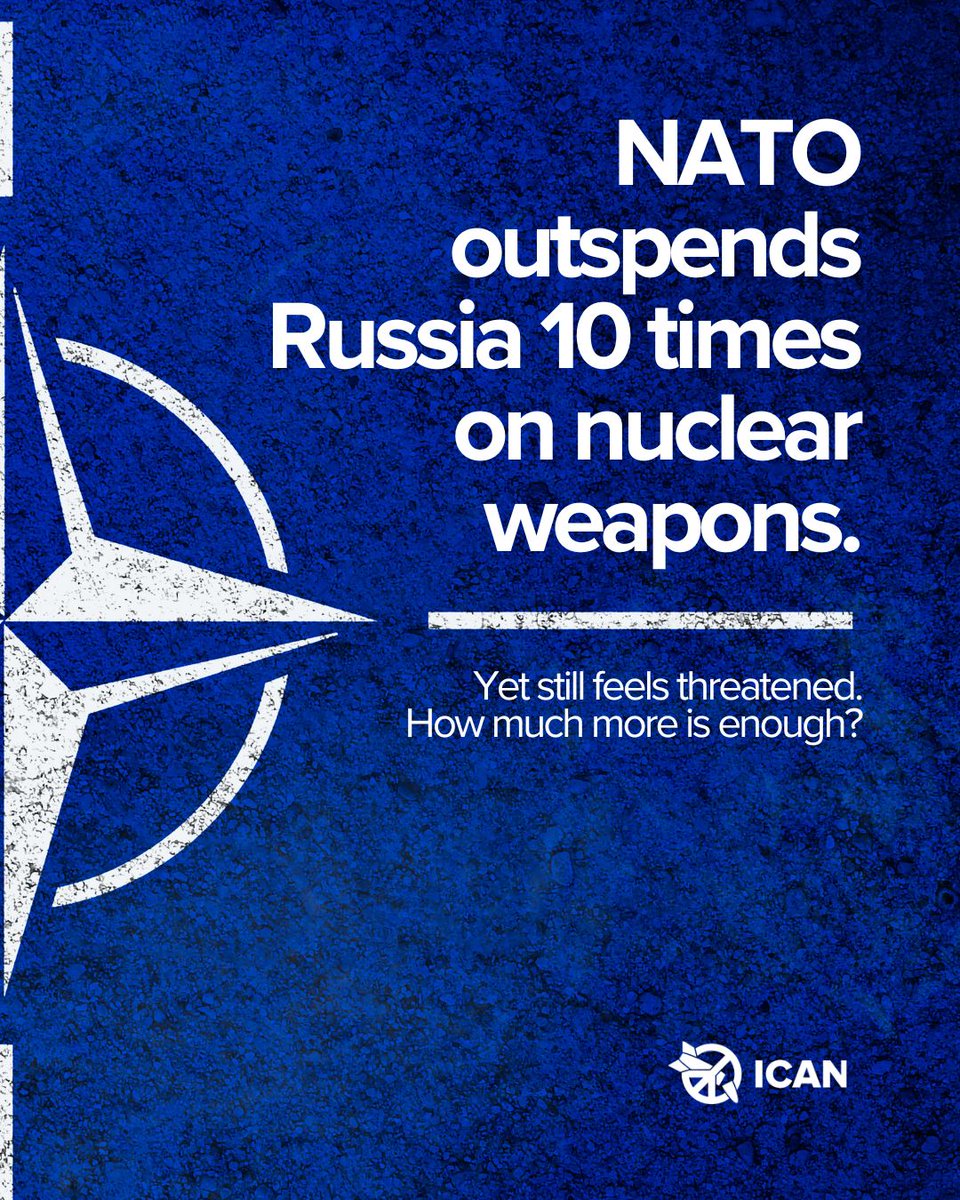 nuclearban's tweet photo. NATO outspends Russia 10 times on nuclear weapons yet still feels threatened. Can spending more on nuclear weapons ever create real security?
Check our previous post to learn more from ICAN's Head of Policy, Alicia Sanders-Zakre. #NuclearBan #InternationalSecurity https://t.co/lzgy25jU5f
