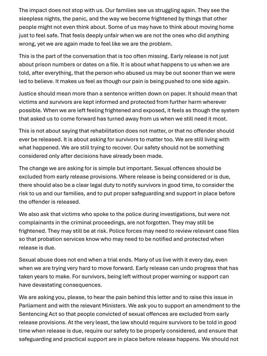 CDP1882's tweet photo. Five grooming gang survivors and the mother of a deceased victim have sent this letter to all MPs urging them to prevent the early release of abusers.

Thousands have been warned that their perpetrators could be released early by sentencing changes due to prison overcrowding. https://t.co/UuL8OKUGer