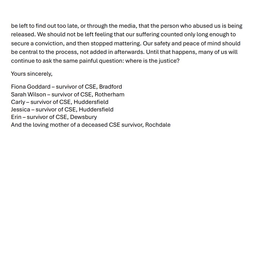 CDP1882's tweet photo. Five grooming gang survivors and the mother of a deceased victim have sent this letter to all MPs urging them to prevent the early release of abusers.

Thousands have been warned that their perpetrators could be released early by sentencing changes due to prison overcrowding. https://t.co/UuL8OKUGer