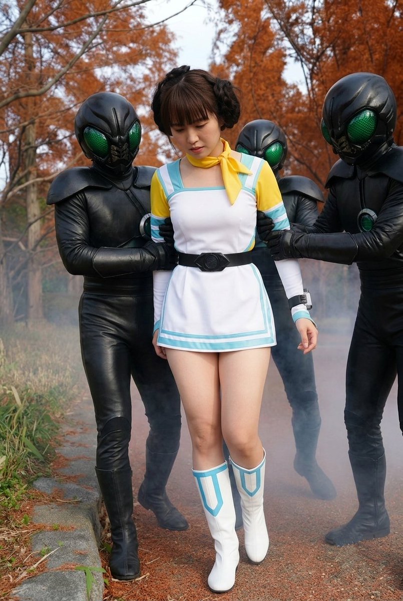 momotakano05's tweet photo. 【女性はAI生成ではありません😅】

フラッシュマン の イエローフラッシュ  こと サラ ？続きです😁

「なんか視線を感じる？」

「やっぱり出た〜！キック！」

「しまった！」

「捕まった💦」

※敵兵士ゾローの色を変更しています

#超新星フラッシュマン
#フラッシュマン #イエローフラッシュ https://t.co/mcZpc1z2vz