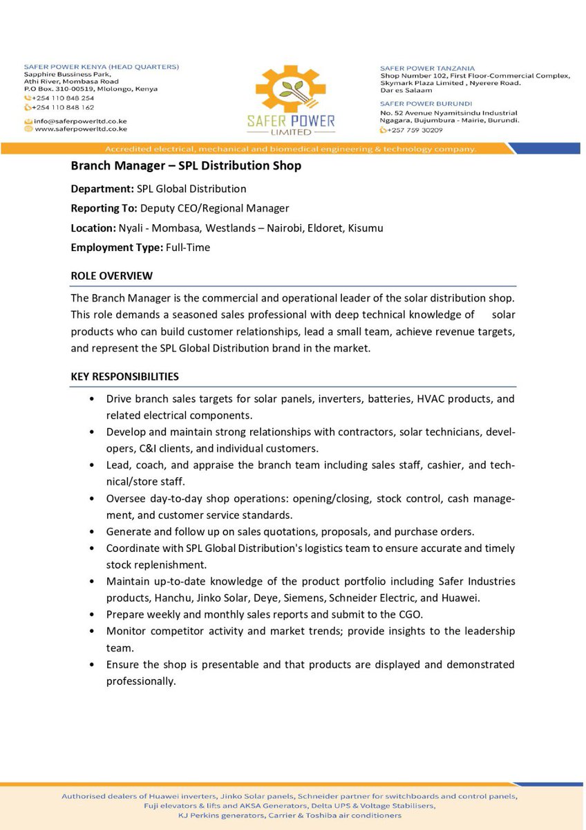 SaferPower_254's tweet photo. 📢 WE’RE HIRING | SPL GLOBAL DISTRIBUTION

📌 How to Apply
Interested candidates should send their CV and Cover Letter (clearly stating the position and location in the subject line) to:
📧 jobs@saferpowerltd.co.ke

🗓 Application Deadline: 14th July 2026 https://t.co/HszK3UIroT