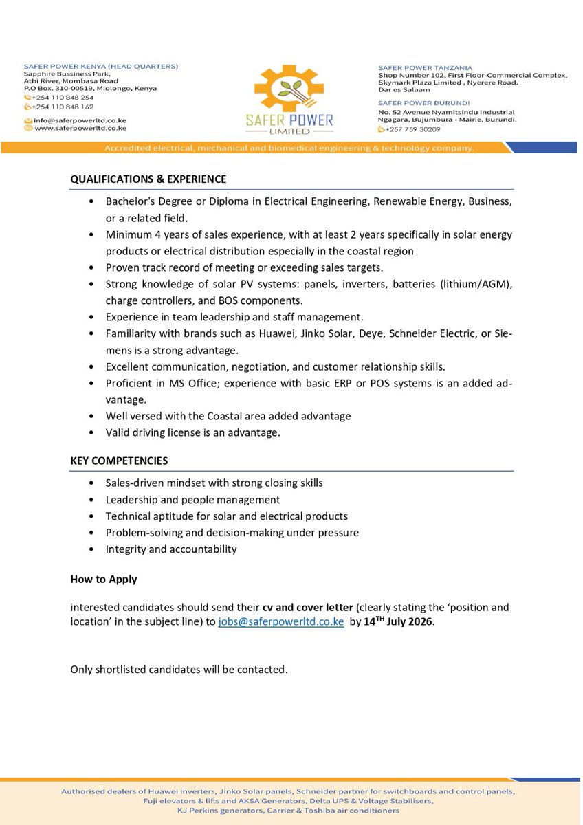 SaferPower_254's tweet photo. 📢 WE’RE HIRING | SPL GLOBAL DISTRIBUTION

📌 How to Apply
Interested candidates should send their CV and Cover Letter (clearly stating the position and location in the subject line) to:
📧 jobs@saferpowerltd.co.ke

🗓 Application Deadline: 14th July 2026 https://t.co/HszK3UIroT