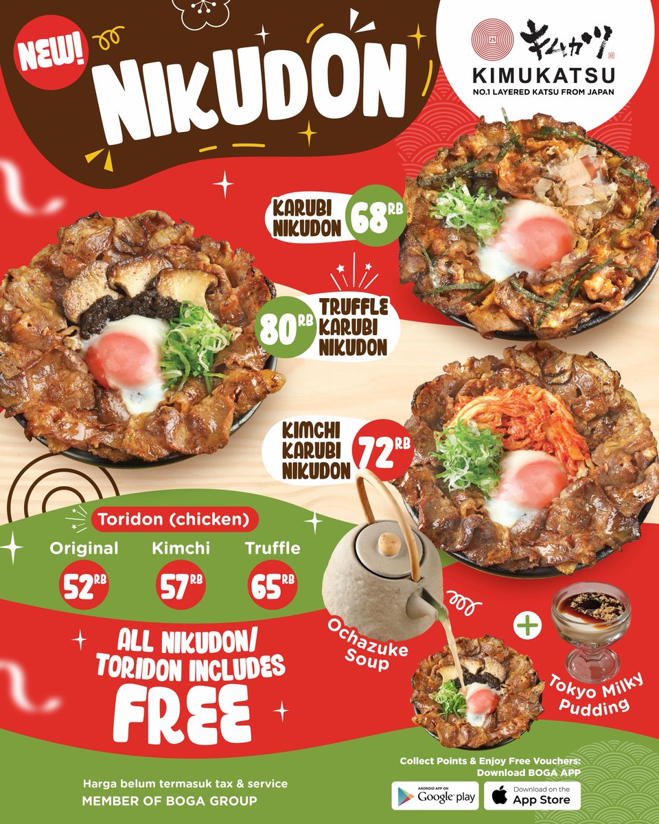 Giladiskon's tweet photo. ‼️NEW! NIKUDON KIMUKATSU‼️

Sekarang Nikudon Viral sudah tersedia di seluruh outlet Kimukatsu area Jabodetabek, Malang & Surabaya! Ada berbagai varian mulai dari Karubi Nikudon, Truffle Karubi Nikudon, dan Kimchi Karubi Nikudon! Lebih suka chicken? ada Toridon juga ya!🤩

Yuk, langsung cobain nikmatnya Nikudon dan Toridon ke Kimukatsu terdekat!!!

Kehadiran Nikudon untuk Kimukatsu luar Jabodetabek, Malang & Surabaya, tunggu update dari kami ya! Soon!
