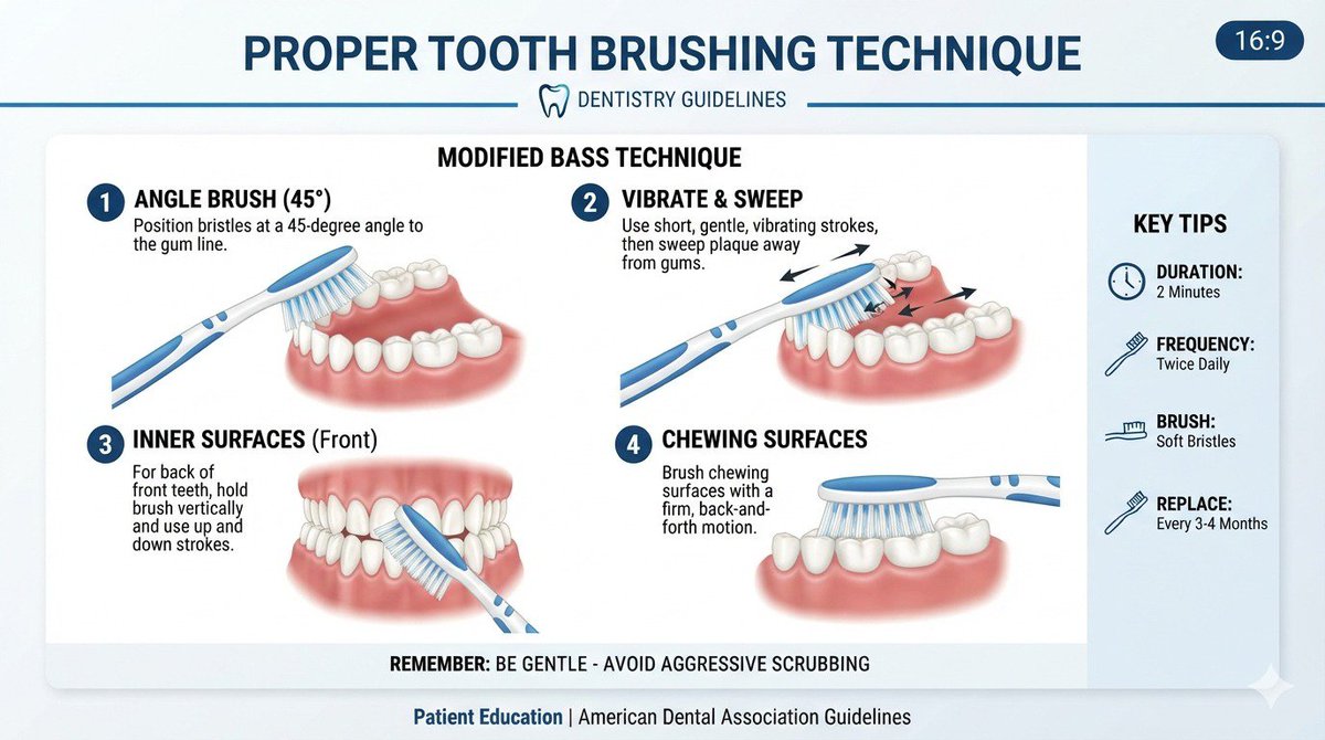 GithinjiBr50380's tweet photo. 🦷 Proper Toothbrushing Technique Matters!

Brush at least twice daily using a soft-bristled toothbrush. Hold it at a 45° angle to the gum line and use gentle circular motions—avoid aggressive scrubbing. Clean all surfaces: outer, inner, and chewing surfaces of each tooth. https://t.co/oyaH7sKhLv
