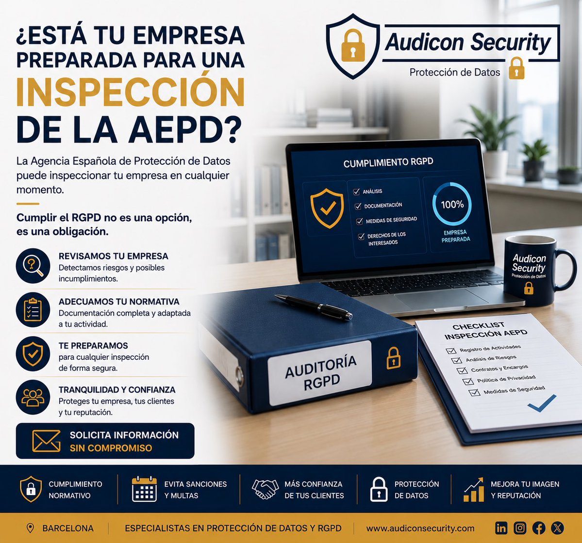 AudiconSecurity's tweet photo. 🚨 ¿Está tu empresa preparada para una inspección de la AEPD?

Muchas empresas creen que cumplen con la normativa… hasta que reciben una reclamación o una inspección.

La Protección de Datos no consiste solo en tener unos documentos archivados. Es necesario revisar los procesos. https://t.co/F9TuNl1unX