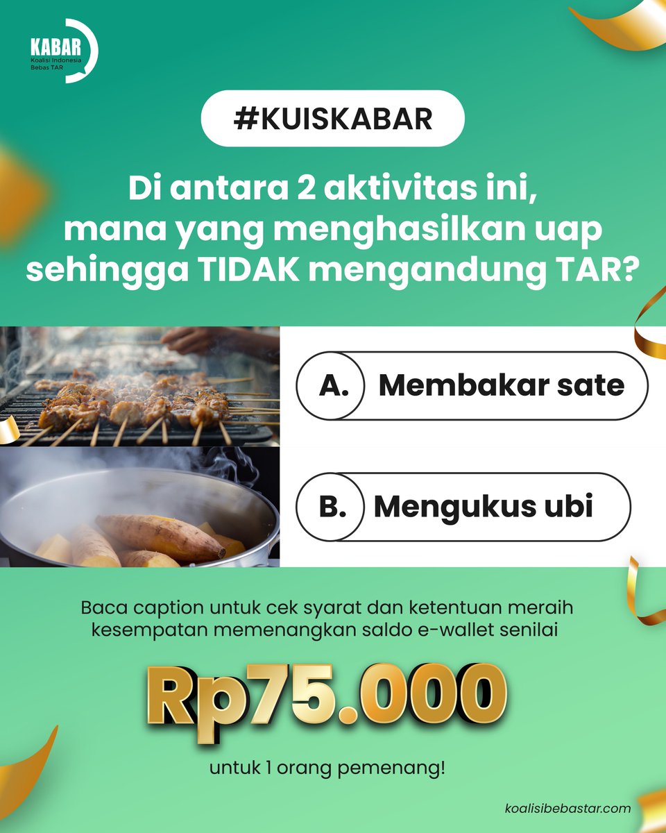 koalisibebastar's tweet photo. Sering ditemui, tapi juga sering keliru dibedakan. Jadi, mana yang menghasilkan uap sehingga TIDAK mengandung TAR? Sudah tahu jawabannya? Tulis jawabanmu di kolom komentar dan raih kesempatan memenangkan saldo e-wallet senilai Rp75.000 untuk 1 orang pemenang!​

#BicaraSebenTAR #KoalisiIndonesiaBebasTAR #KABAR #Giveaway #quiztime #infokuis #giveawayalert