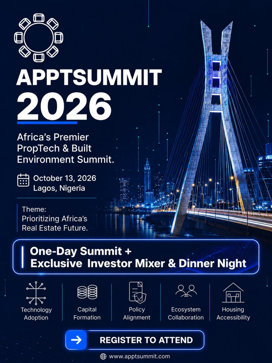 PropTechRoundUp's tweet photo. 𝗔𝗻𝗻𝗼𝘂𝗻𝗰𝗶𝗻𝗴 𝗔𝗣𝗣𝗧𝗦𝗨𝗠𝗠𝗜𝗧 𝟮𝟬𝟮𝟲

𝗔𝗳𝗿𝗶𝗰𝗮'𝘀 𝗣𝗿𝗲𝗺𝗶𝗲𝗿 𝗣𝗿𝗼𝗽𝗧𝗲𝗰𝗵 &amp; 𝗕𝘂𝗶𝗹𝘁 𝗘𝗻𝘃𝗶𝗿𝗼𝗻𝗺𝗲𝗻𝘁 𝗦𝘂𝗺𝗺𝗶𝘁 

🗓️ October 13, 2026
📍Lagos, Nigeria 

@PrioritySummit #APPTSUMMIT
🔗 https://t.co/23kozdBtDF https://t.co/jkCLRE7pQJ