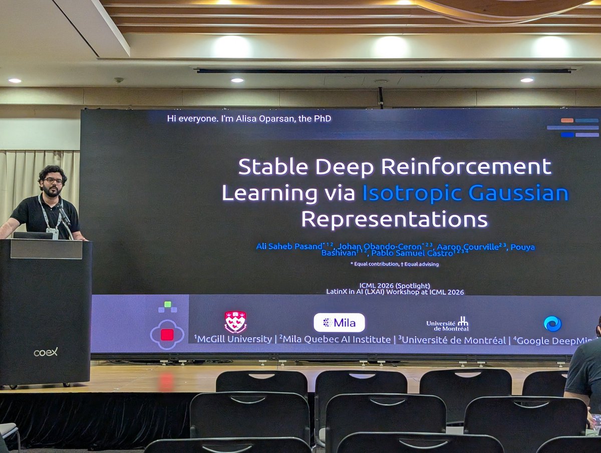 pcastr's tweet photo. Today at the #ICML2026 LatinX in AI workshop @aspa1313 did a great job presenting our paper!
We'll be presenting the poster at the main conference, tomorrow Wednesday July 8th, 2:30-4:15, Hall A, poster #303.
Come chat with Ali and me then! https://t.co/P0X9iEyrwQ
