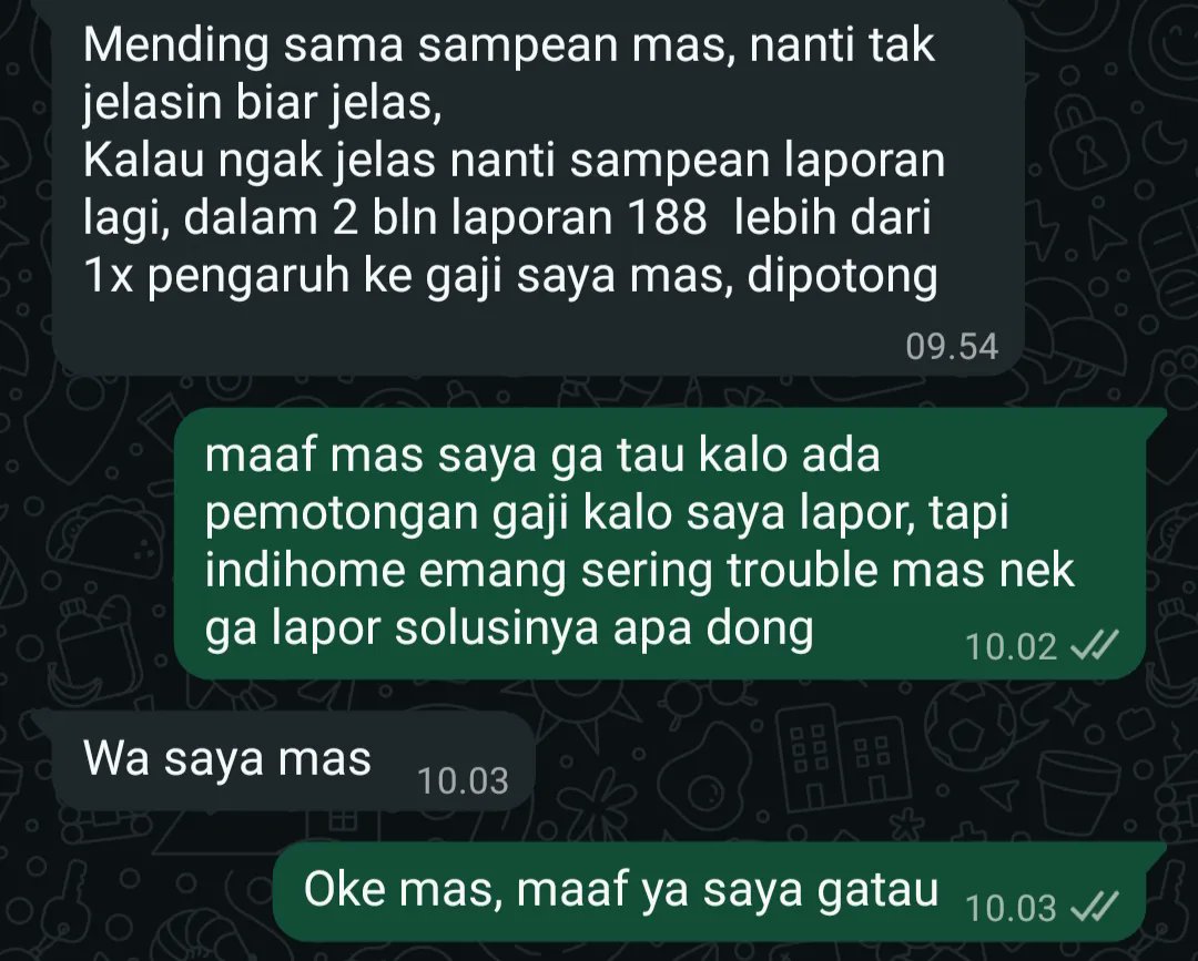 Recehcerdas's tweet photo. Asli baru tau kalo kita buat laporan ke operator indihome (188) teknisi nya kena potong gaji, mohon maaf sekali saya tidak tau🙏🏻

cc : bagas.benu https://t.co/KFpvfuxBEA