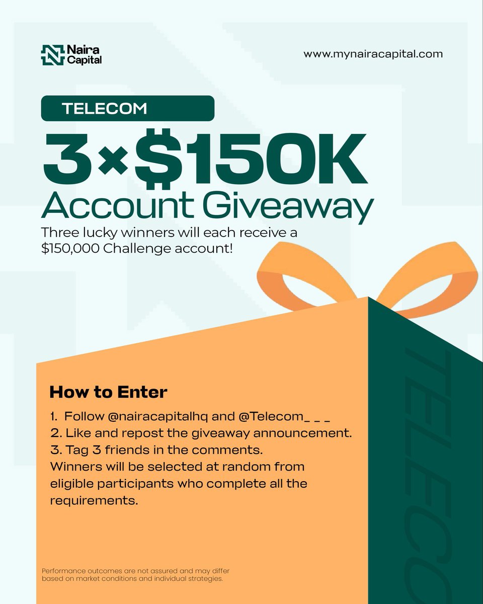 Telecom___'s tweet photo. 🎉 GIVEAWAY TIME! 🎉

In collaboration with Naira Capital, we’re giving away three $150,000 Prop Firm Challenge Accounts to 3 lucky winners.

How to enter:
Follow @nairacapitalhq and @Telecom___.
Like and repost this announcement.
Tag 3 friends in the comments.

-> Giveaway ends in 24 hours.
-> Three winners will be selected at random and announced after the giveaway closes.

Good luck to everyone!