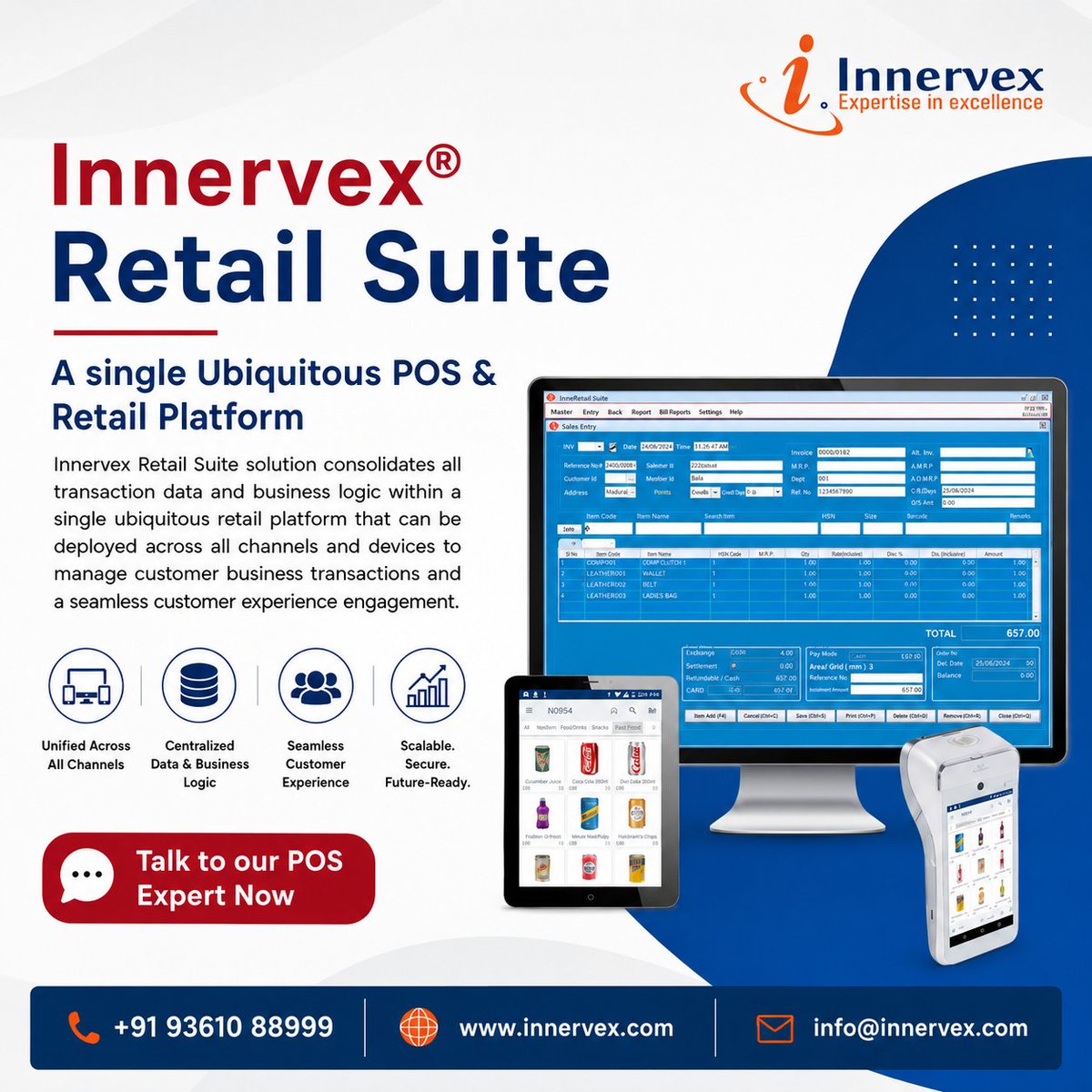 Innervex's tweet photo. Transform Your Retail Business with Innervexยฎ Retail Suite ๐
๐ Book a FREE Demo Today!
๐ฑ +91 93610 88999
๐ https://t.co/WBTG51lYEw
๐ง info@innervex.com
#Innervex #RetailSuite #RetailSoftware #POSSystem #RetailManagement #InventoryManagement #BusinessAutomation https://t.co/TiqFt4uBhq