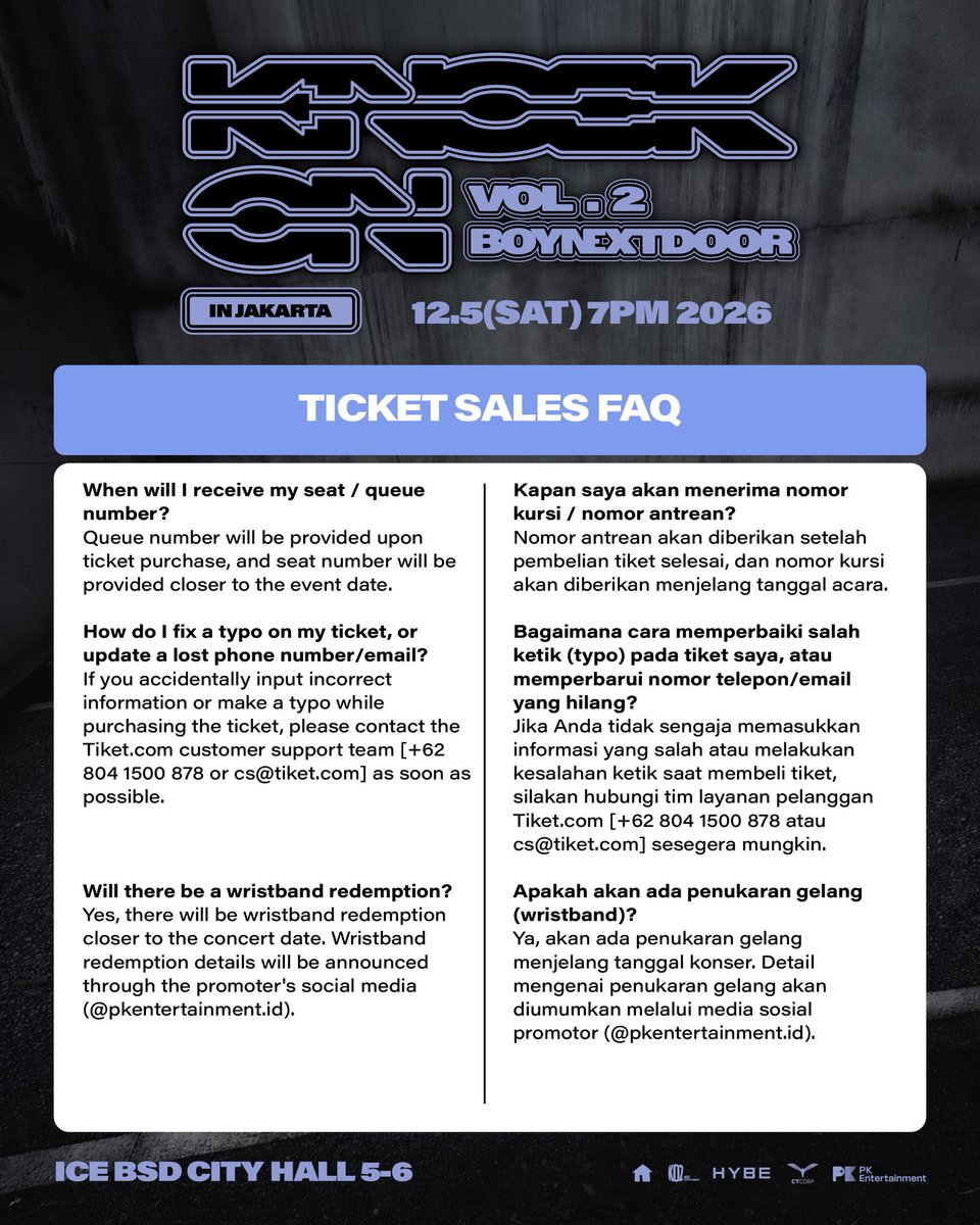 PKEnt_ID's tweet photo. [FREQUENTLY ASKED QUESTIONS] BOYNEXTDOOR TOUR 'KNOCK ON Vol.2' IN JAKARTA

ONEDOOR! 👋 Swipe left to check out all the frequently asked questions for the upcoming ticket sales!

▶️ ONEDOOR MEMBERSHIP PRESALE: 
2026. 7. 8 (WED) 10AM ~ 11:59PM (Jakarta local time)

▶️ GENERAL ONSALE:
2026. 7. 9 (THU) 10AM (Jakarta local time)

#BND #KNOCK_ON_Vol_2 #KNOCK_ON_Vol_2_IN_JAKARTA #KNOCK_ON_Vol_2_IN_ASIA
